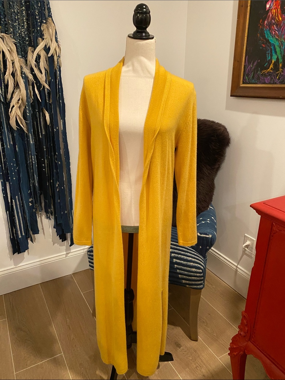 Neiman Marcus Long Yellow Open-Front Cashmere Duster Cardigan